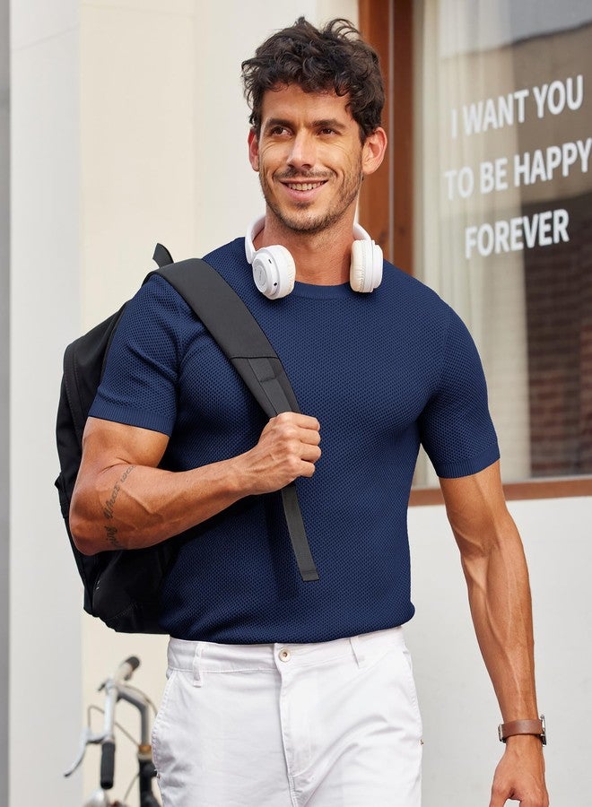 COOFANDY Mens Short Sleeve Under Blazer Shirts Casual Vacation Knit Tee Shirt Crew Neck Tshirts Navy Blue - Image 4